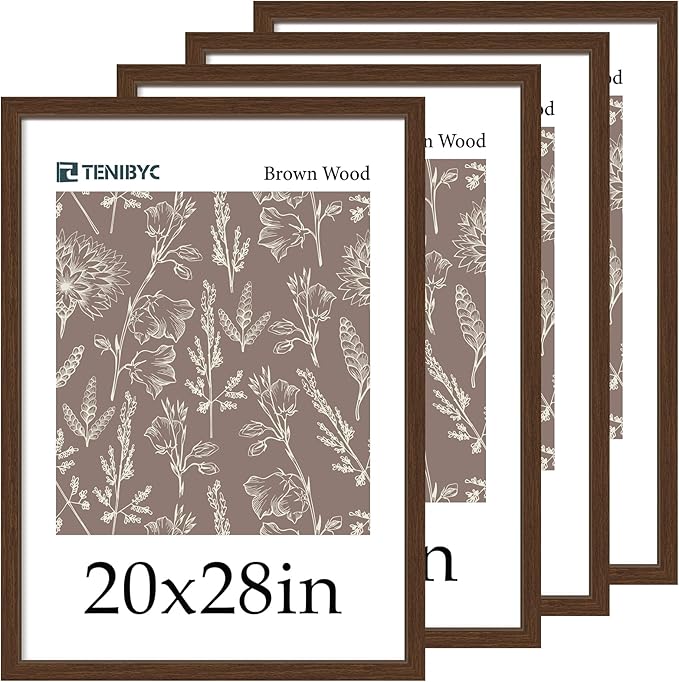 20x28 Picture Frame 4 Pack - Brown Wood, 20 x 28 Poster Frame for Gallery, Home and Office, Horizontal and Vertical Wall Hanging