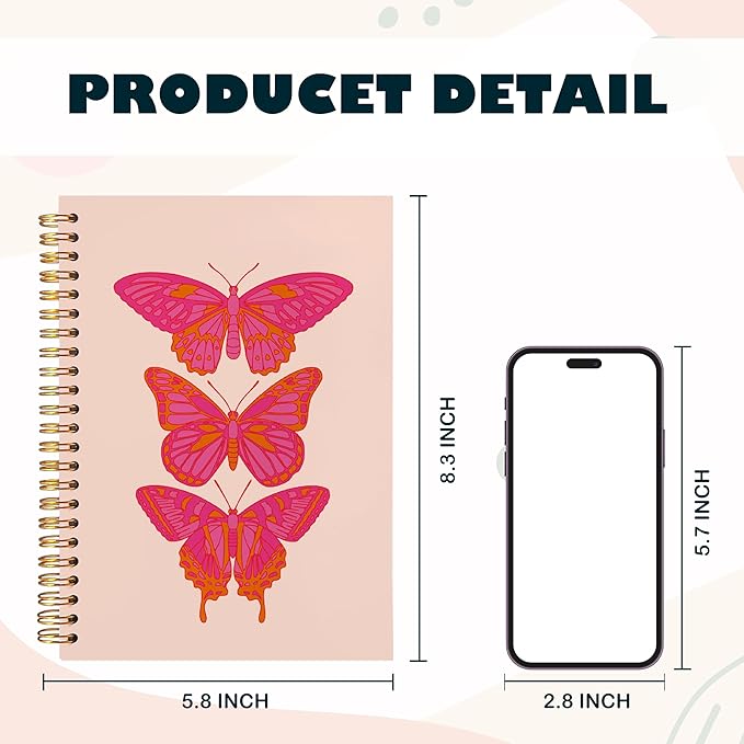 BearCake Hot Pink Preppy Butterfly Journal Notebook, Aesthetic Notebooks, Butterfly Gifts for Women, Pink Office Supplies, Pink Desk Accessories for Women Office, Hardcover Spiral Notebook 5.5x8.3