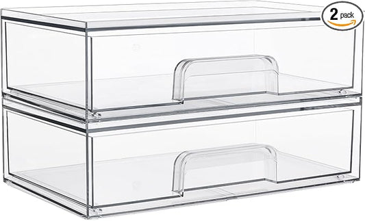 Vtopmart 12.1''W Clear Stackable Storage Drawers,2 Pack Acrylic Plastic Organizers Bins for Makeup Palettes, Cosmetics, and Beauty Supplies,Ideal for Vanity, Bathroom,Cabinet,Desk Organization