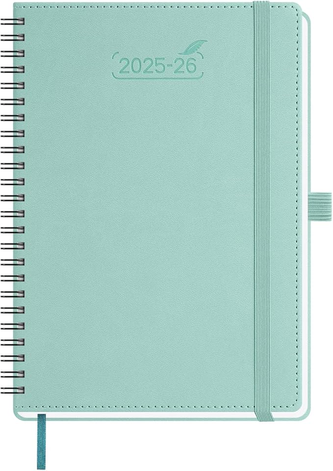 BEZEND Planner 2025-2026 Weekly and Monthly, 5.8" x 8.5" Academic Calendar (Jul 25-Dec 26) Vertical Daily Appointment with Hourly Timeslot & Monthly Tab, Spiral, PU Leather Softcover - Mint Green