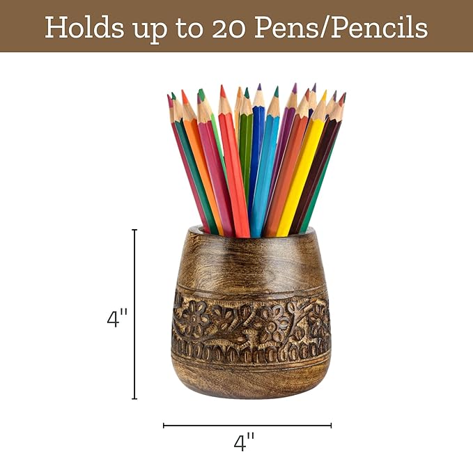 Mie Creations Designer Pencil Holder for Desk Wood | Wooden Pen Stand, Paintbrush Cup, Desk Accessories, Cute Make Up Brush Organizers | Office Desktop Stationery, Christmas Holidays Gift- 4'' Brown