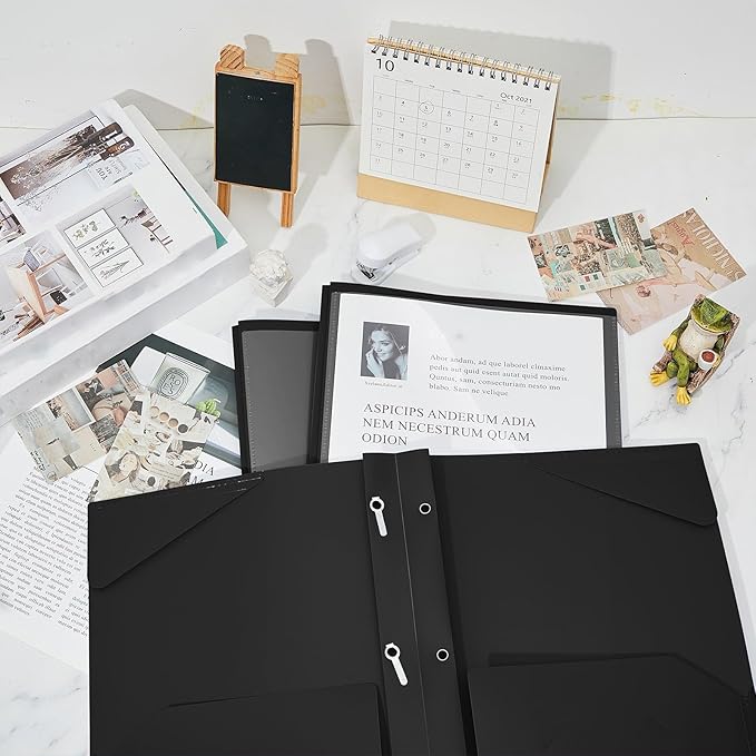 Henoyso 36 Pcs Plastic Folder with Clear Front Pocket and 3 Prong Plastic Folders with Card Slot Pocket Folders with Prongs for School Office (Black)