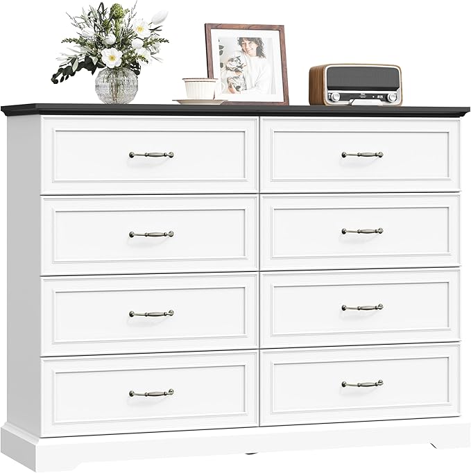 8 Drawer Dresser for Bedroom, 53" Wide Wooden Chest of Drawers, Rustic Farmhouse Dresser with Large Drawers & Metal Handles, Modern Storage Organizer for Closet, Living Room, Hallway, White