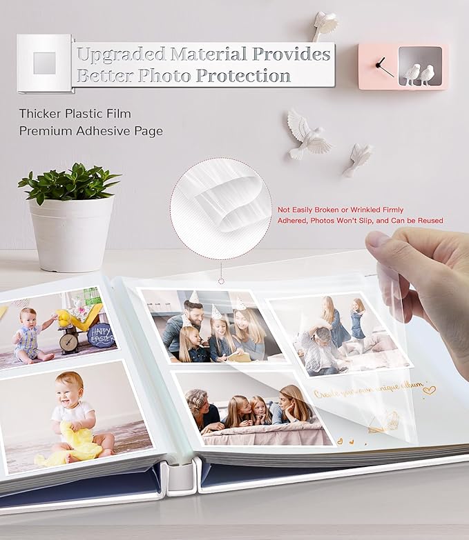 Photo Album Self Adhesive Scrapbook Album for 3x5 4x6 5x7 8x10 Pictures, 60 Pages Linen Cover with Display Window DIY Photo Book,Ideal Gifts for Family Travel Wedding Baby