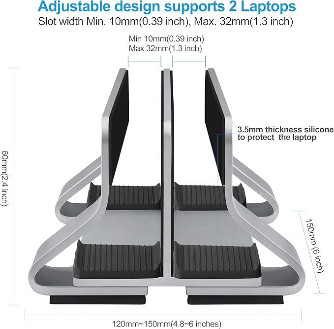 Aluminum Dual Vertical Laptop Stand Dock Holder, Supports 2 Devices, Adjustable Slot Width 15-36mm, Space-Saving Upright Storage for MacBook and Laptops