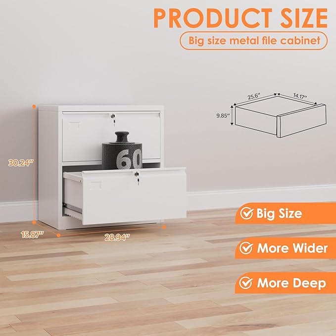 METAN Upgrade Metal 2 Drawer Lateral Files Cabinet for Home Office, Lockable Steel Wide File Storage Cabinet for Hanging Legal/Letter A4 Size, Assembly Required,White