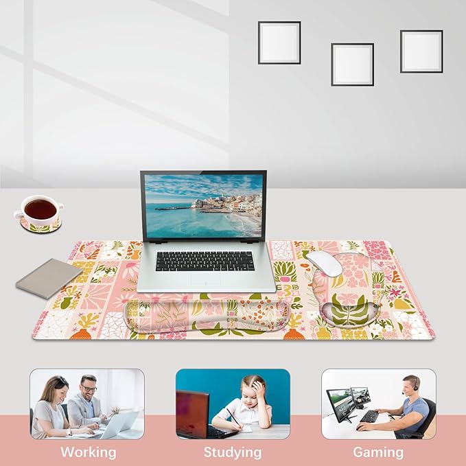 DINKY Desk Mat Mouse Pad, XXL Large Gaming Mouse Pad with Wrist Rest Wrist Support, Ergonomic Mouse Pads, Keyboard Wrist Rest, Desk Accessories Decor, Checkered Flower Plant