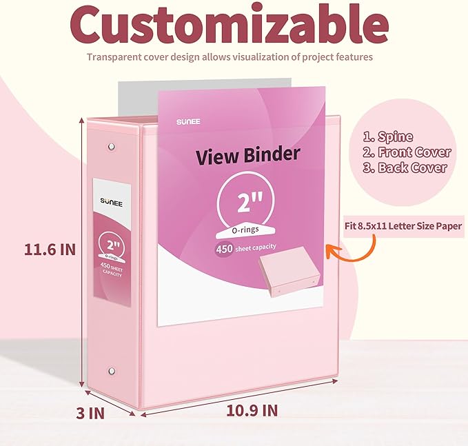 SUNEE 3 Ring Binders 2 Inch 4 Pack, Clear View Binder Three Ring PVC-Free (Fit 8.5x11 Inches) for School or Office Supplies, Assorted Pastel