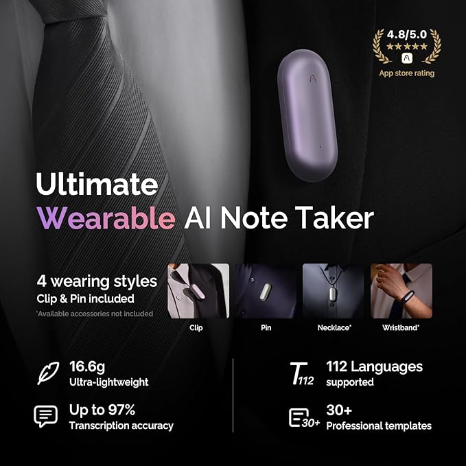 NotePin Voice Recorder, AI Voice Recorder, App Control, AI Notetaker, AI Transcribe & Summarize, Support 112 Languages, 64GB Memory, Audio Recorder for Lectures, Meetings, Sunset Purple