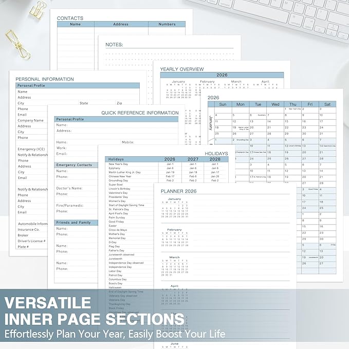 GuassLee Large 2026 Planner, Weekly and Monthly Planner from January 2026-December 2026, 8.5"x 11" Calendar Agenda Book with Back Pocket, Stickers for Home Office School Supplies, A4 Size, Blue