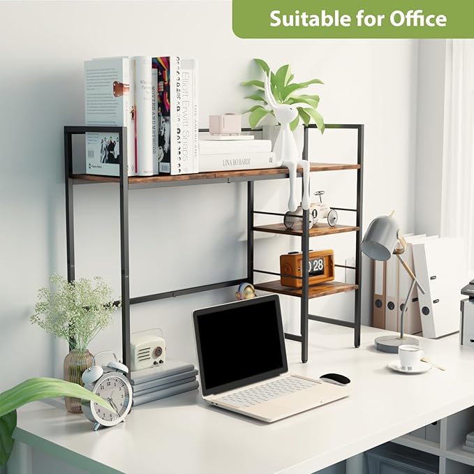 Desk Shelf, 38.5 Inch Desk Hutch for Computer Monitor, Computer Desktop Bookshelf Storage Rack Adjustable Desk Hutch Top Only, 3 Tier Desk Organizer Shelf for Office Home, Rustic