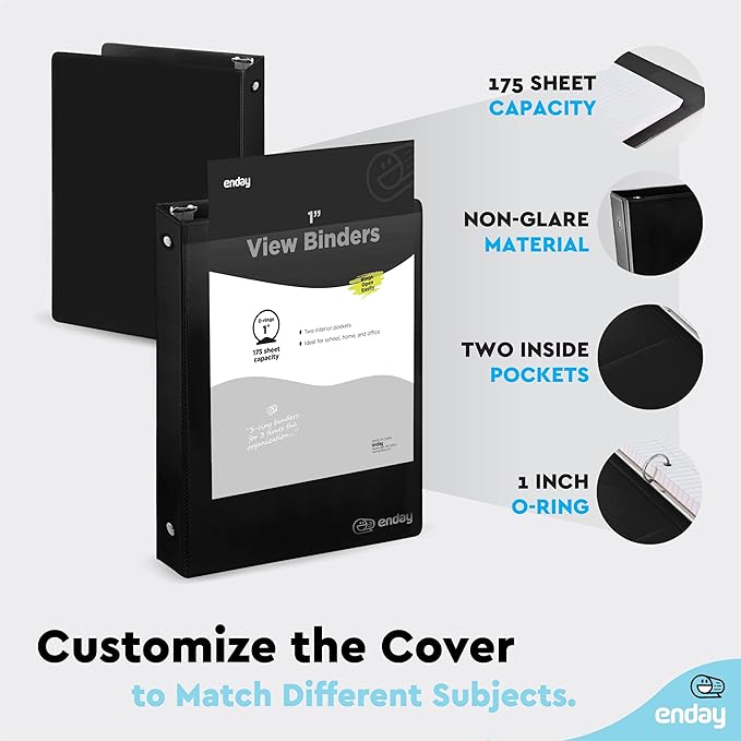 1 Inch 3 Ring Binder 1” Binder Black Clear View Cover with 2 Inside Pockets, Colored School Supplies Office and Home Binders – by Enday