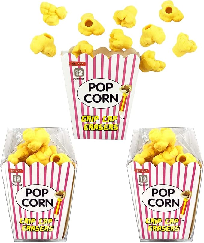 Pencil Top Erasers 36 Pack Popcorn Pencil Erasers Toppers Cap Erasers for Kids Cute Fun Novelty Food Erasers for Student School Supplies Prize Gifts Party Favors