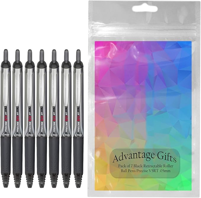 Precise V5 RT Retractable Rolling Ball Pens, Extra Fine Point (.5mm), Black Ink, 7-pk; Premium Comfort Grip, Bundle with Plastic Reusable Pouch