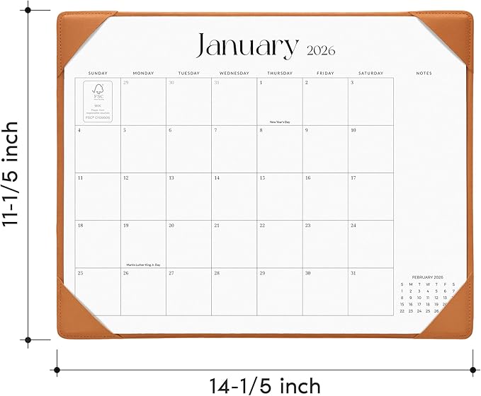 Simplified Desk Calendar 2026-2027 with Desktop Mat, Cabbrix Medium Desk Pad Calendar 15" x 12" Runs From January 2026 to June 2027, Desk Blotter Calendar for Home School and Office (Brown)