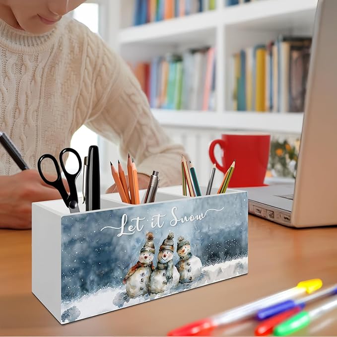 Winter Christmas Snowman Pen Pencil Holder Organizer for Desk Accessories, Snowman Gifts, Snow Rustic Christmas Wooden Box Signs Decorations for Home Office Desk Tabletop