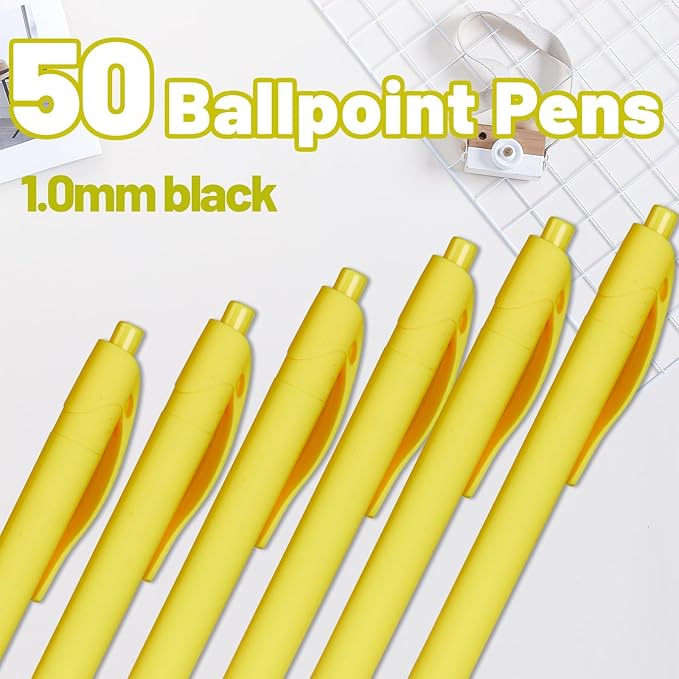 BallPoint Pens, 50 Pack (BLACK Ink),Bulk Pens, Yellow Barrel,Click Pens for Office Home and School, Retractable Ballpoint Pens, Medium Point, 1.00MM (Yellow)