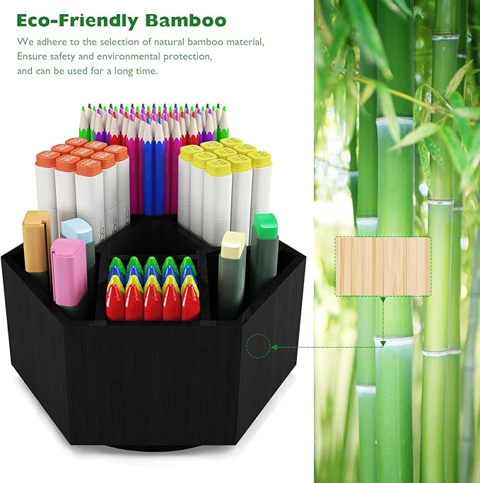 Art Caddy Organizer for Kids, Bamboo Pencil Organizer with 7 Large Compartment, Pen Storage Organizer, Marker Holder, Desk Caddy holds 325+ pencils, Education Supplies & Craft Supplies, Black