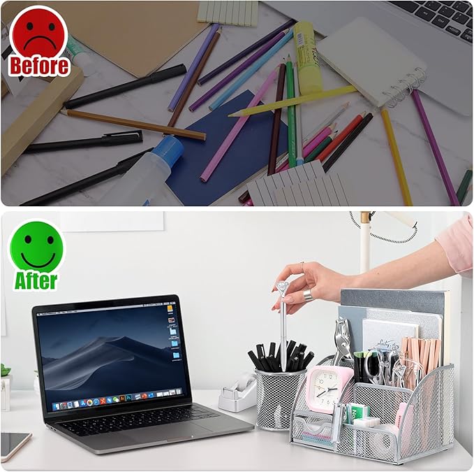 SYMDROMIA 13-in-1 Office Desk Organizer Set with Stapler and Tape Dispenser, Pen Holder, Scissors, Ruler, Hole Punch, 2 Pens & More Desktop Accessories for Back to School Supplies (Silver)