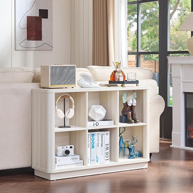 6 Cube Bookcase, 40" Wide Low Horizontal Book Shelf w/Curved Edge, Wood Floor Standing 2-Tier Bookshelf with Base, Modern Short Storage Cabinet Book Case for Bedroom, Office, White Cream Oak