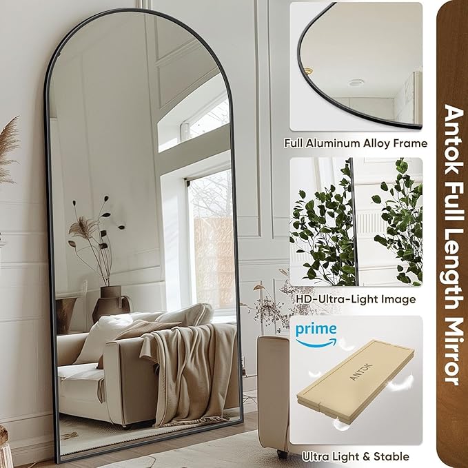 Antok Full Length Mirror, 71"x32" Arched Floor Mirror, Mirror Full Length with Stand, Wall Mounted Mirrors for Living Room Bedroom,Black