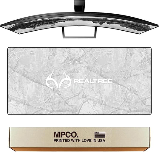 MPCO. Real Tree Large Gaming Desk Pad - 36" x 17" Duraglyde Fabric Edge Snow White – with Logo Desk Mats - Non-Slip, Washable, Smooth Glide for Precision Gaming & Work