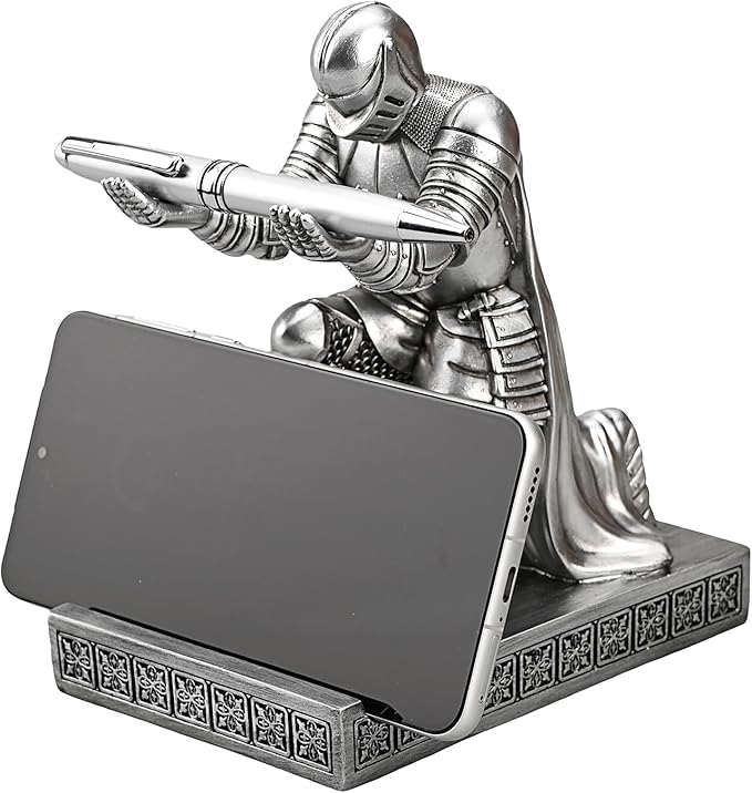 Windbreaker Soldier Knight Pen Holder Personalized Desk Accessory, Mobile Phone & Gaming Controller Holder, Device Stand Gift for Medieval Enthusiasts (Silver)