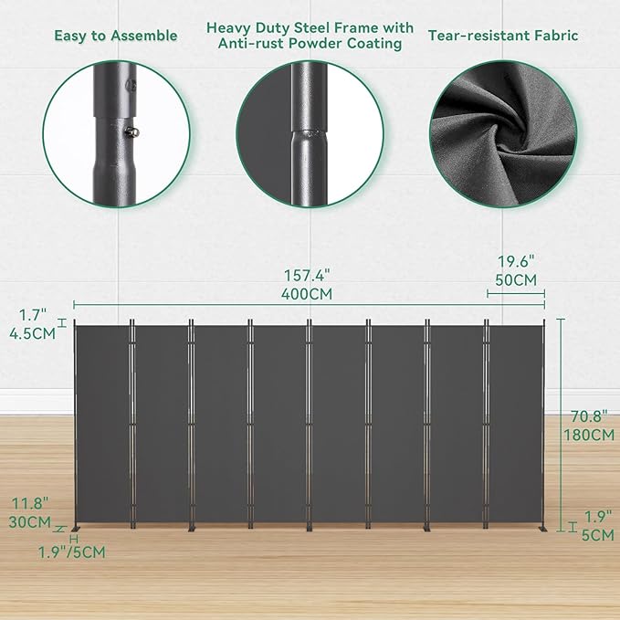 Helios&Hestia 8-Panel 6 ft Tall Indoor Folding Room Divider, Portable Privacy Screen, Freestanding Partition Separator, Temporary Wall Separation for Bedroom, Office, 160" W X 71" H, Dark Grey