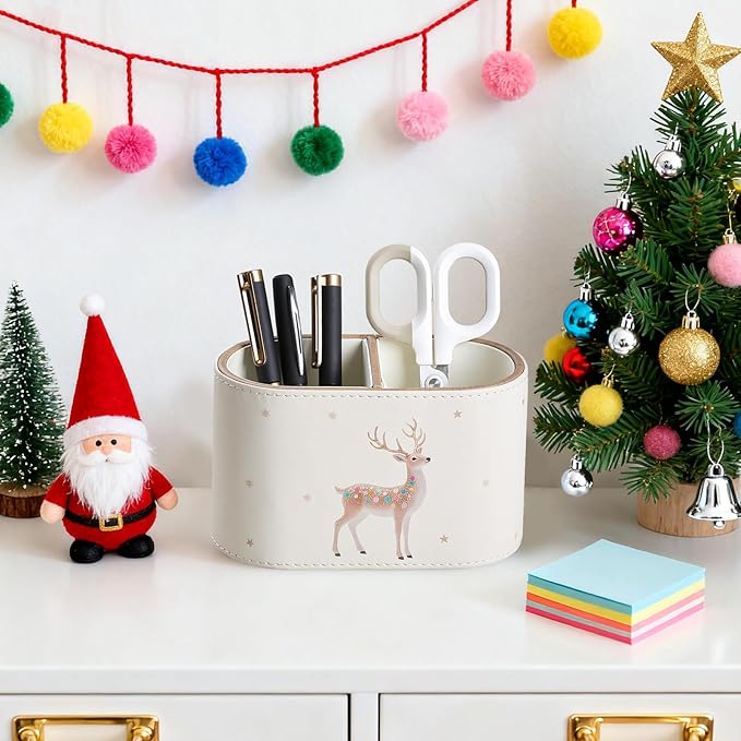 Christmas Pen Holder for Desk, PU Leather Pencil Holder for Desk with 2 Compartments for Home Office Supplies, Christmas Decorations Pencil Cup Desk Organizer