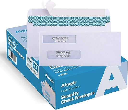 Aimoh 500#8 Double Window Self Seal Security Envelopes - for Business Checks, QuickBooks & Quicken Checks, Size 3 5/8 x 8 11/16 Inches - Checks Fit Perfectly - Not for Invoices, 500 Count (30180)