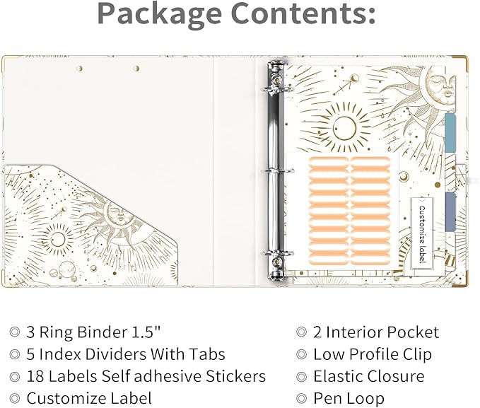 Ospelelf 3 Ring Binder, 1.5 Inch, Cute Letter Size (11" x 8.5") with 5 Tab Dividers, File Folder Labels and Low Profile Clipboards, Tarot Cards Binder for School and Office Supplies