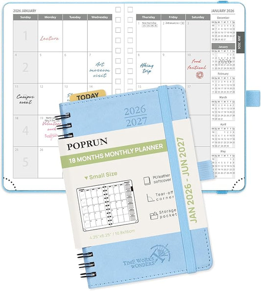 POPRUN Monthly Planner 2026-2027 (Pocket 4.25" x 6.25") 18 Months Calendar (Jan 2026 - Jun 2027) - 4 Pages per Month with Expense & Notes, Leather Cover, Sunday Starts - Blue