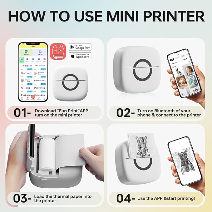 Mini Printer Sticker Thermal Printer with 3 Rolls Paper, Bluetooth Portable Phone Print Pods,Study Sticker Maker for Pictures, Photos, Journals, DIY, Compatible with Phone & Tablet