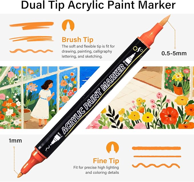 Acrylic Paint Pens, Dual Tip 60 Acrylic Markers with Brush Tip and Fine Tip, Art Supplies for Rock Painting, Wood, Canvas, Glass, Stone, DIY Crafts Drawing Kit with Bag