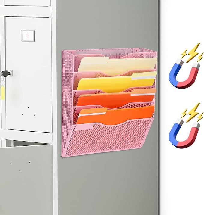 EASEPRES Magnetic 5 Pocket Mesh Hanging File Organizer, Wall Mounted Mail Paper Document Folder Holder, Clipboard Storage Organization Magazine Rack with Nametag Label for Office Home School, Pink