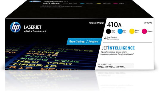 HP 410A Black, Cyan, Magenta, Yellow Toner Cartridges (4-pack) | Works with HP Color LaserJet Pro M452 Series, HP Color LaserJet Pro MFP M377, M477 Series | CF410AQ