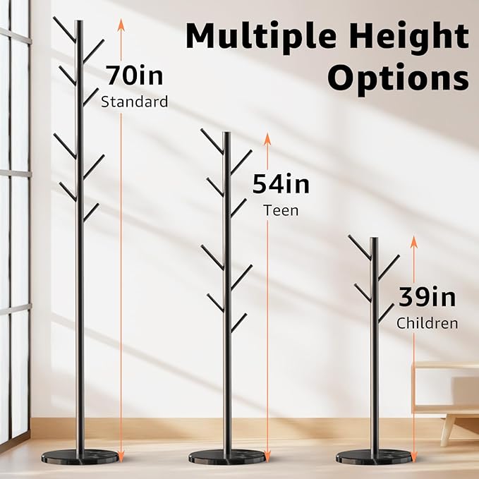 Coat Rack with Natural Marble Base, Metal Freestanding Coat Rack with 8 Hooks, 3 Adjustable Size Sturdy Coat Tree for Bags, Coats, and Hats for Entryway, Hallway, Bedroom, Office, Black