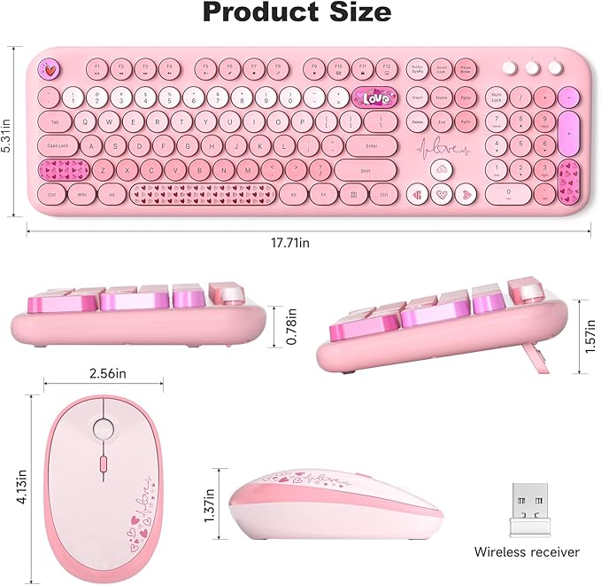 MOFII Wireless Keyboard and Mouse Combo, Full Size 2.4G Plug and Play Typewriter Retro Round Computer Keyboard and Mouse Set for Windows, Computer, Desktop, PC, Notebook - (Pink Colorful)