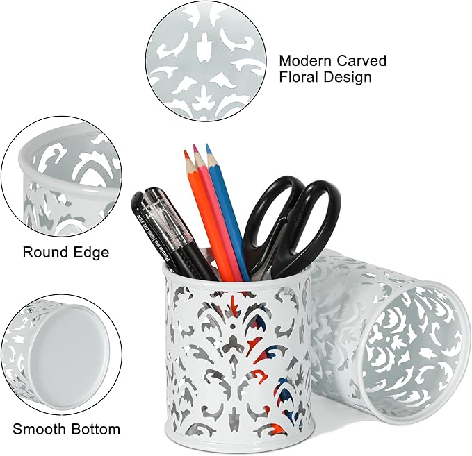EasyPAG Metal Round Pencil Holder 2 Pack Pen Cup Holders Organizer for Desk, White