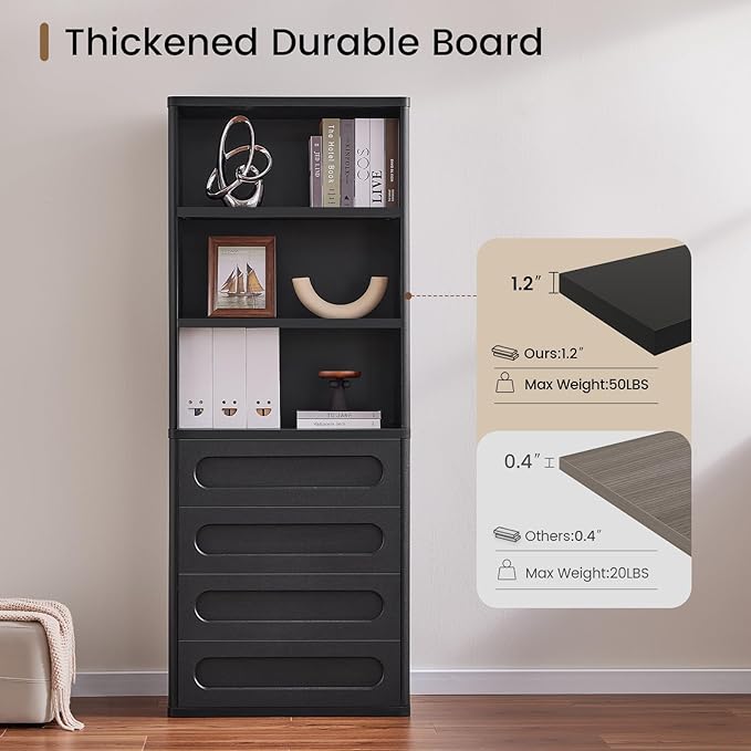 Bookcase with 4 Drawers, 72.1" Tall Bookshelf with 3 Storage Shelves, Large Bookshelves Cabinet for Living Room, Bedroom, Home Office (Black)