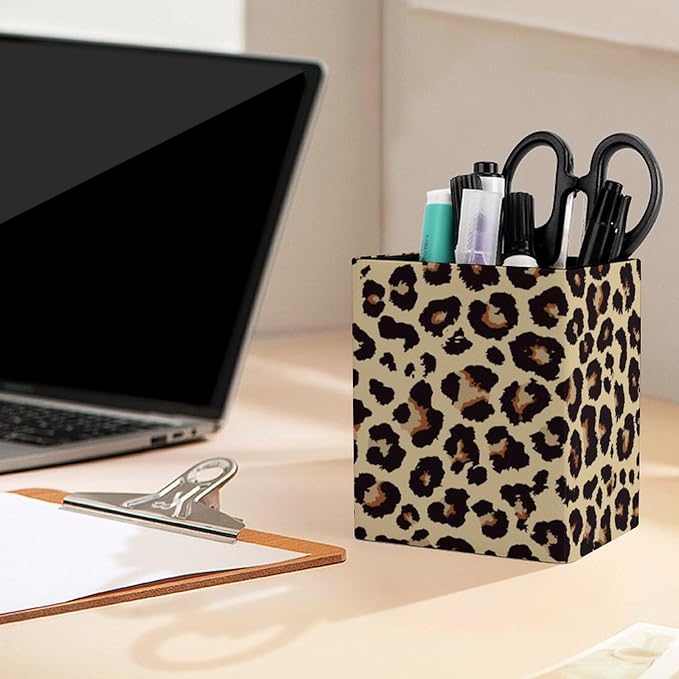 Square Pen Holder & Pencil Organizer for Desk - Office Storage Organizer, Markers/Makeup Brushes/Scissors Holder, Compact Desk Decor Accessories for Home Classroom School(Leopard grain)