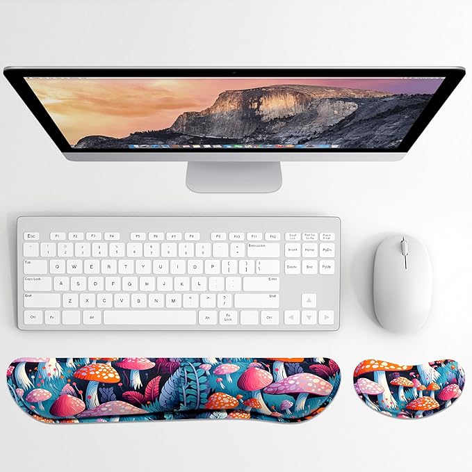 Dapesuom Enlarge Keyboard Wrist Rest, Memory Foam Wrist Cushion for Desk Mats Support, Boho Typing Pain Relief Keyboard Mouse Pad Rests Set with Non-Slip Base for Gaming Laptop Computer, Mushrooms
