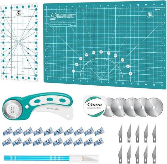 Headley Tools Rotary Cutter Set - 45mm Fabric Cutter, 5 Extra Rotary Blades, A3 Cutting Mat, Quilting Ruler and Sewing Clips, Craft Knife Set, Ideal for Crafting, Sewing, Patchworking,Turquoise