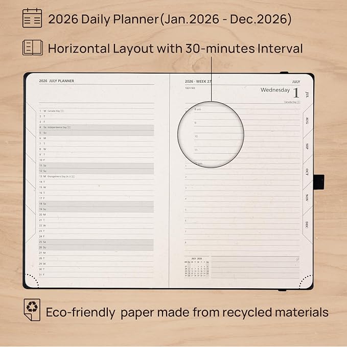 POPRUN 2026 Recycled Daily Planner 12 Months (A5 Medium Size 5.75'' x 8.6'') - One Page Per Day Calendar Hourly Appointment Book with Italian Regenrated Leather, Monthly Tabs, Pocket - Black Grey