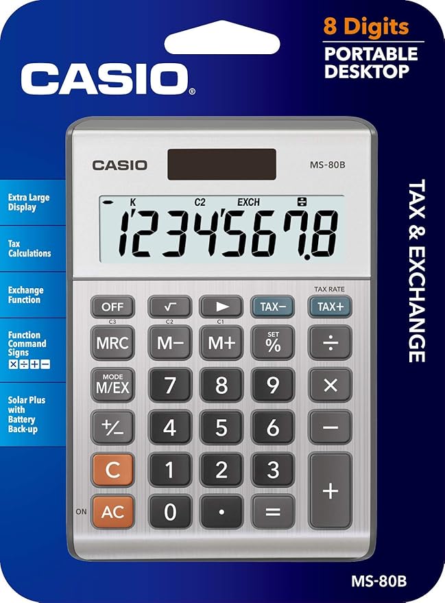 Casio MS-80B Calculator – Desktop Calculator with Tax & Currency Tools | General Purpose | Large Display | Ideal for Home, Office & Everyday Math