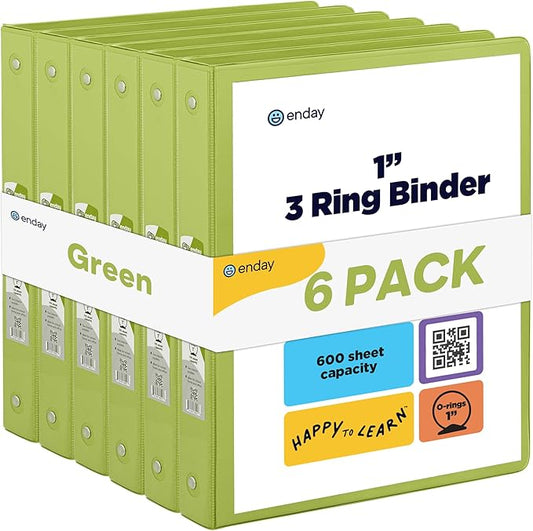 3 Ring Binder Green, 1 Inch, 1” Clear View Cover with 2 Inside Pockets Round Ring Binder, Colored School Supplies Binders, Also Available in Pink, Blue, Purple, Grey, and Red (6 PC) – by Enday