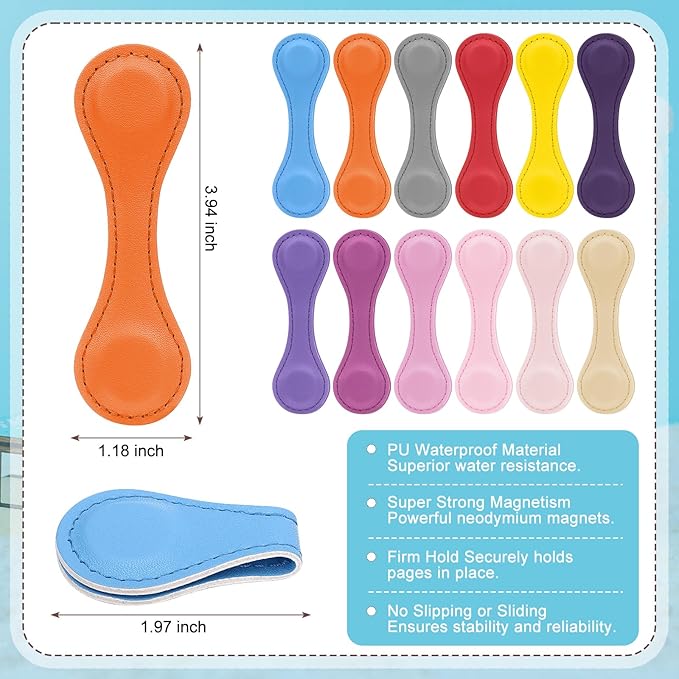 Magnetic Leather Bookmark, 12 Pcs Colorful Leather Magnet Book Marks Page Markers Retro Magnet Bookmark Clips Reading Supplies Gift for Reading Men Women Book Lovers (Bright)
