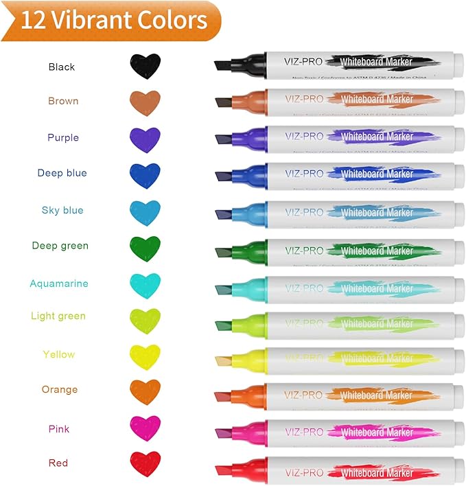 VIZ-PRO Dry Erase Markers, Chisel Tip, Assorted Colors, 12-Count Low-Odor Whiteboard Pens