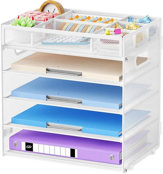 Marbrasse 5-Tier Letter Tray Paper Organizer with Handle, Multi-Functional Mesh File Organizer for Desk, Adjustable Compartments Mesh Desktop Storage for Office Supplies,White