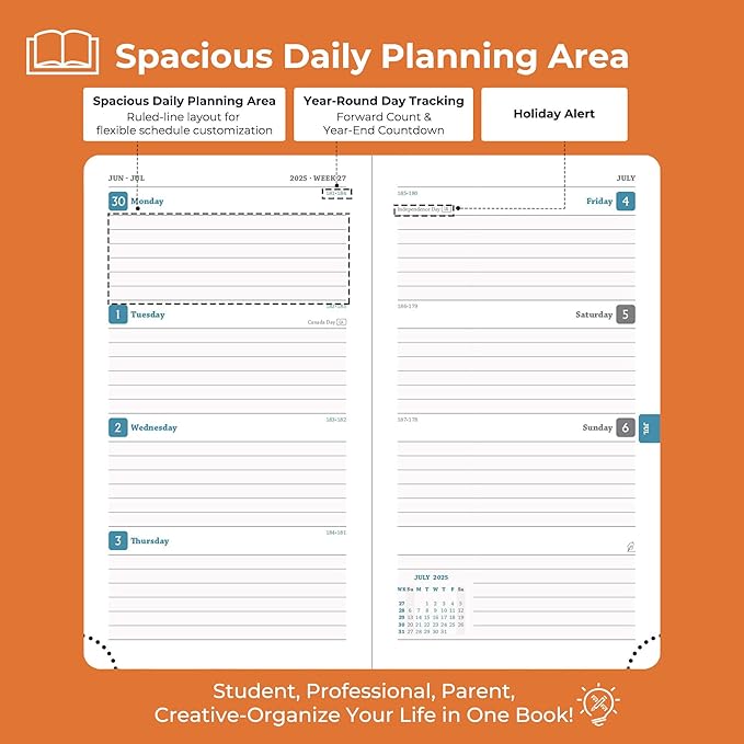 Planner 2025-2026 Daily Weekly and Monthly,6.5"x3.75",18 Months Spiral Bound Calendar Agenda with Self-adhesive Pen Holder,2026 Academic Plan with Vegan Leather Soft Cover,Orange